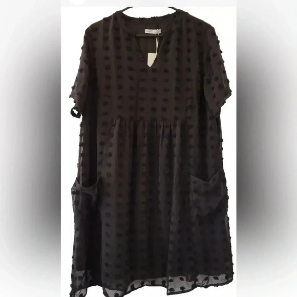 NWT MIHOLL Women's V-Neck Short Sleeve Ruffle Loose Flowy Mini Dress Black Sz SM - Picture 2 of 10